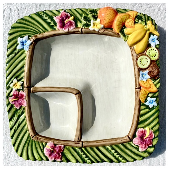 VTG 🏝Tropical Serving  Platter Floral & Fruit Chip Dip Veggie & Dip 🌺🥝🎋🍌🎋. - Picture 3 of 16